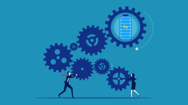 Enerji işi yürütür. İş adamı ve kadın teçhizat mekanizması ve bataryayı bağlıyor. vektör