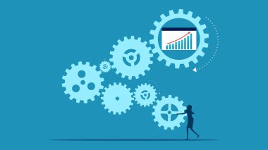 Büyüme süreci. İş kadını dişli mekanizmasını ve büyüme grafiğini bağlıyor. vektör