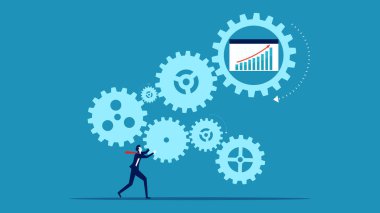 Büyüme süreci. İş adamı dişli mekanizmasını ve büyüme grafiğini bağlar. vektör