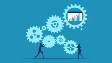 Büyüme süreci. İş adamı ve kadın birbirine bağlı dişli mekanizması ve büyüme grafiği. vektör