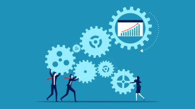 Büyüme mekanizması. İş ekibi dişli mekanizması ve büyüme grafiği bağladı. vektör