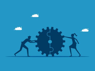 Mükemmel bir şekilde birlikte çalışıyoruz. İki işadamı bir dişliyi birbirine itiyor. vektör