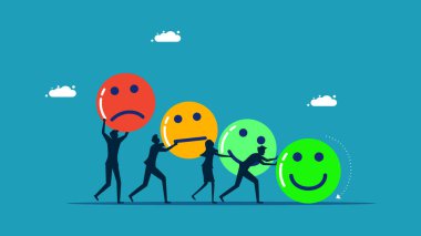 İş ekibi duygusal ikonu zorluyor. Müşteri memnuniyeti konsept vektörü