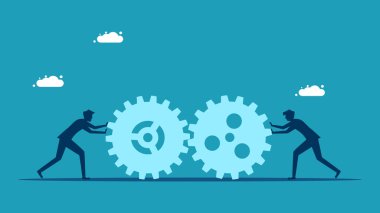 Birlikte çalışalım. İki işadamı birbirine doğru vites itiyor. vektör