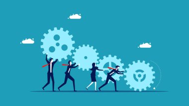 Takım olarak çalışın. İş ekibi vites yükseltiyor. kavram vektörü