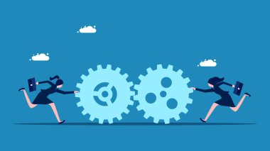 Birlikte çalışalım. İki iş kadını dişlileri birbirine doğru itiyor. vektör