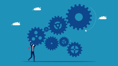 İş adamı vites mekanizmasının tam bağlantısı. Kavram vektörünü bütünleştir