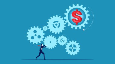 Vites bağlayan ve para üreten bir iş adamı. karlı iş vektörü sür