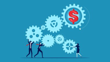 İş adamlarından oluşan bir ekip vites bağlantısını tamamlamak ve para kazanmak için birlikte çalışıyor. kazançlı iş vektörü