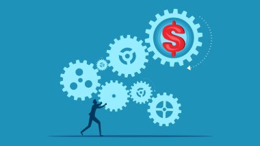 Vites bağlayan ve para üreten bir iş adamı. kazançlı iş vektörü