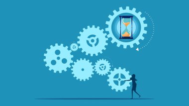 İşlem zamanı. İş adamı kum saati teçhizatı vektörüne bağlandı.