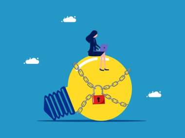 Telif hakkı ya da marka. Ampullü bir iş kadını kilit bir vektör ile kilitlendi