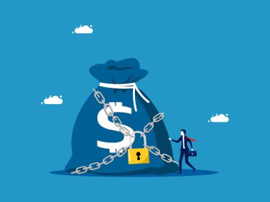 Kâr kilidi. İşadamı ve para çantası asma kilit altında. vektör