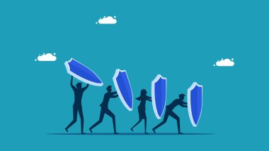 İş organizasyonunu korumak için. Koruyucu kalkan vektörü tutan müşterek çalışma ekibi