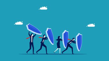 İş organizasyonunu korumak için. Koruyucu kalkan vektörü tutan müşterek çalışma ekibi