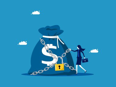 Sigorta koruması. İş kadını ve para çantası asma kilit vektörüyle kilitlendi