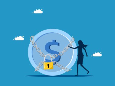 Para güvenliği. İşadamı ve para asma kilit vektörüne kilitlendi