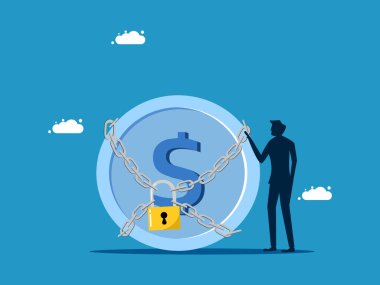 Para güvenliği. İnsan ve para asma kilit vektörüne kilitlendi