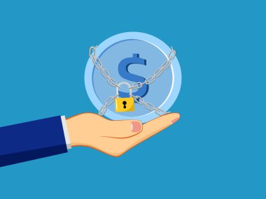 Para güvenliği. Elinde asma kilit vektörü olan bir madeni para var.