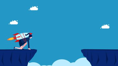 Cesaret ve engellere karşı meydan okuma. İş kadını uçurum boşluğundan roket uçuşuna başlıyor