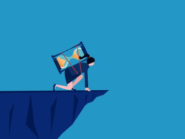 zaman ve risk. Kum saati olan iş kadını yüksek yamaç vektöründen atlamaya hazırlanıyor