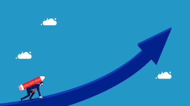 Gelişim girişimleri. Kalem taşıyan işadamı büyüme oku vektörüyle çalışmaya hazırlanıyor