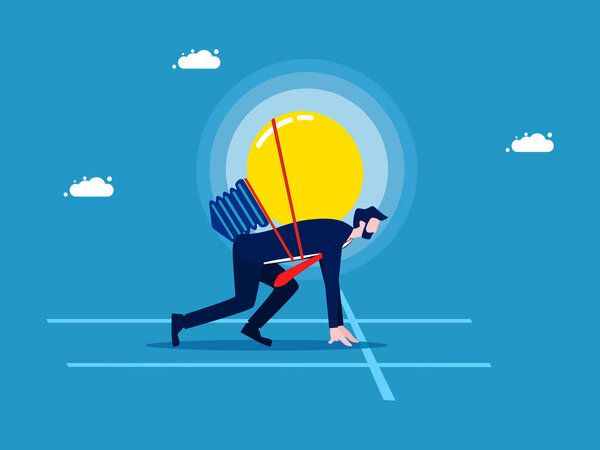 Knowledge skills create advantages. Businessman preparing to start running with light bulb vector