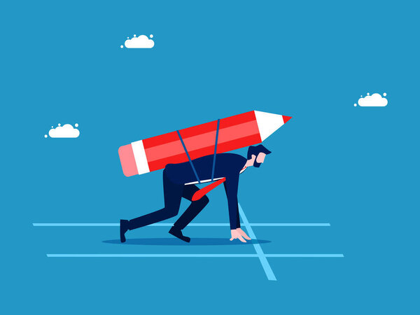 Ready to develop in every aspect. Businessman starting a running race with a pencil vector