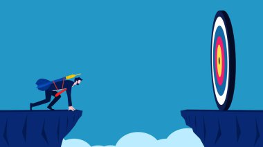 İş adamı büyük hedef vektörü için uçurumdan atlamaya hazır.