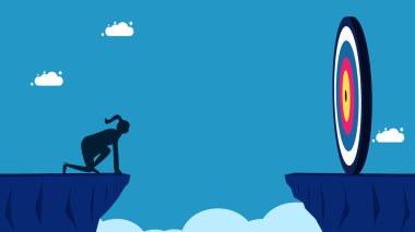 Risk almaya hazır. İş kadını büyük hedefler için uçurumlardan atlamaya hazır. vektör