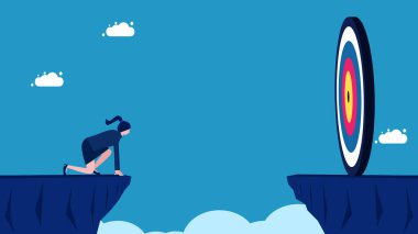 Karar vermeye cesaret et. İş kadını büyük hedef vektörü için uçurumdan atlamaya hazır.