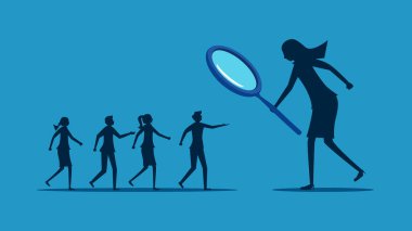 En iyi iş adaylarını bulun. İş kadını iş başvurularını seçmek için büyüteç kullanıyor. vektör