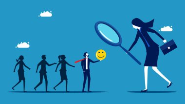 Keyfi yerinde olan acemi askerler. İş kadını, iyi kalpli iş adaylarını seçmek için büyüteç kullanıyor. vektör