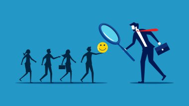 Keyfi yerinde olan acemi askerler. İş adamı iyi kalpli iş adaylarını seçmek için büyüteç kullanıyor. vektör