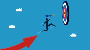 İş hedeflerine odaklan. Elinde dart okuyla hedefe doğru atlayan bir iş adamı. vektör