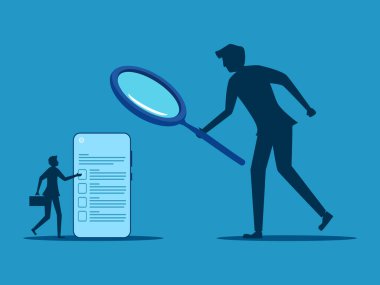 Geçmişi ya da kişisel bilgileri gözden geçir. İşadamı patron çalışan akıllı telefonunun verilerini kontrol ediyor. vektör