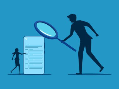 Kişisel bilgileri gözden geçir. İşadamı, çalışan akıllı telefonunun verilerini kontrol ediyor. vektör