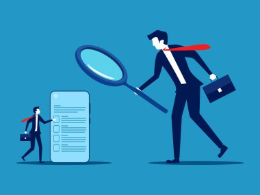 İnternetten özgeçmişleri kontrol et. İşadamı patron çalışan akıllı telefonunun verilerini kontrol ediyor. vektör