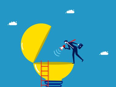 Yaratıcı pazarlama. İş adamı bir ampulle megafona konuşuyor. vektör