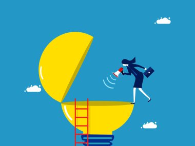 Yaratıcı reklamlar. İş kadını bir ampulle megafona doğru konuşuyor. vektör