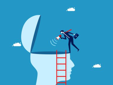 Beyin yıkamayla konuş. İş adamı megafonla insan kafasına bağırıyor. vektör