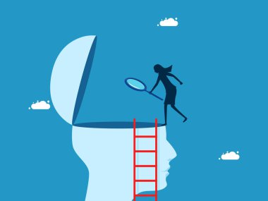 İnsanları analiz et. İş kadını, insan kafasına bakmak için büyüteç kullanıyor. vektör