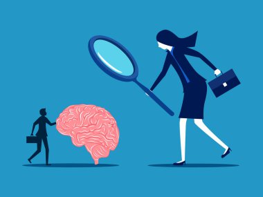 IQ 'ya bak. İş kadını patron, çalışan beynini kontrol etmek için gözlük kullanıyor. vektör