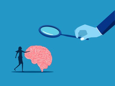 Beyni inceleyin. İşadamı patronu, çalışanın beynini incelemek için satış gözlüğü kullanıyor. vektör