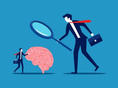 Beyni inceleyin. İşadamı patronu, çalışanın beynini incelemek için satış gözlüğü kullanıyor. vektör