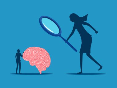 Beyni inceleyin. İş kadını patronu, çalışanın beynini incelemek için satış gözlüğü kullanıyor. vektör