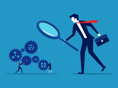 İş akışını kontrol et. İşadamı patron, çalışan mekanik vektörünü görmek için büyüteç kullanıyor