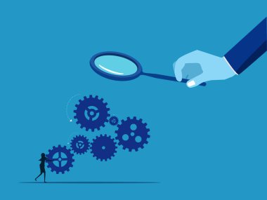 İş akışını gözden geçirin. İşadamı patron, çalışan mekanik vektörünü görmek için büyüteç kullanıyor