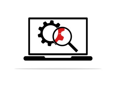Sistem sorunlarını kontrol et. Dizüstü bilgisayar ikonunda büyüteç olan kırık dişli. vektör
