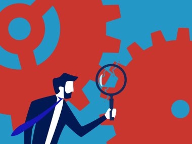 İşlem sorunlarını kontrol et. İş adamı bozuk dişli mekanizmasını kontrol ediyor. vektör